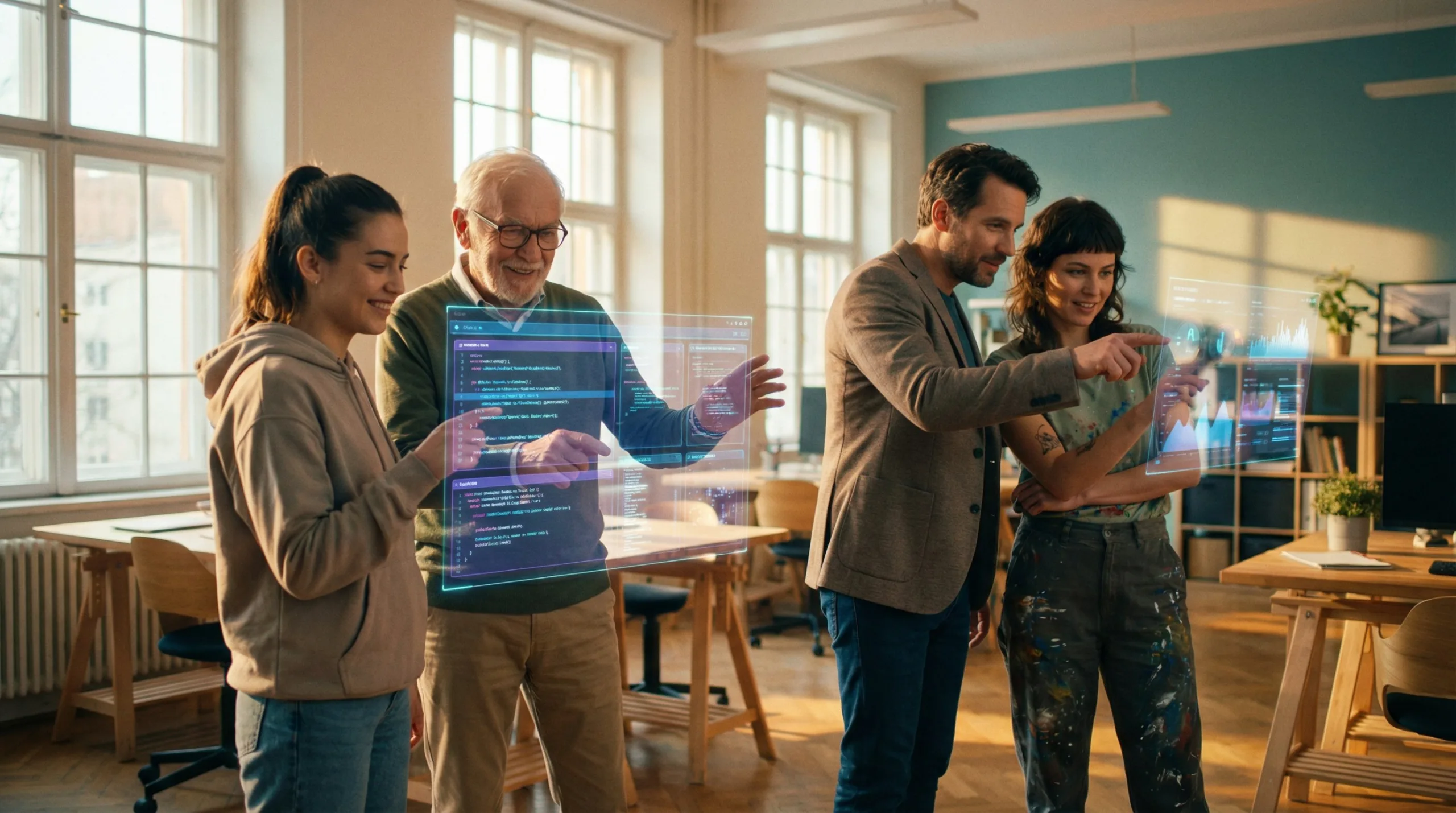 Grupo diverso de personas usando tecnología de IA - Democratización de la inteligencia artificial
