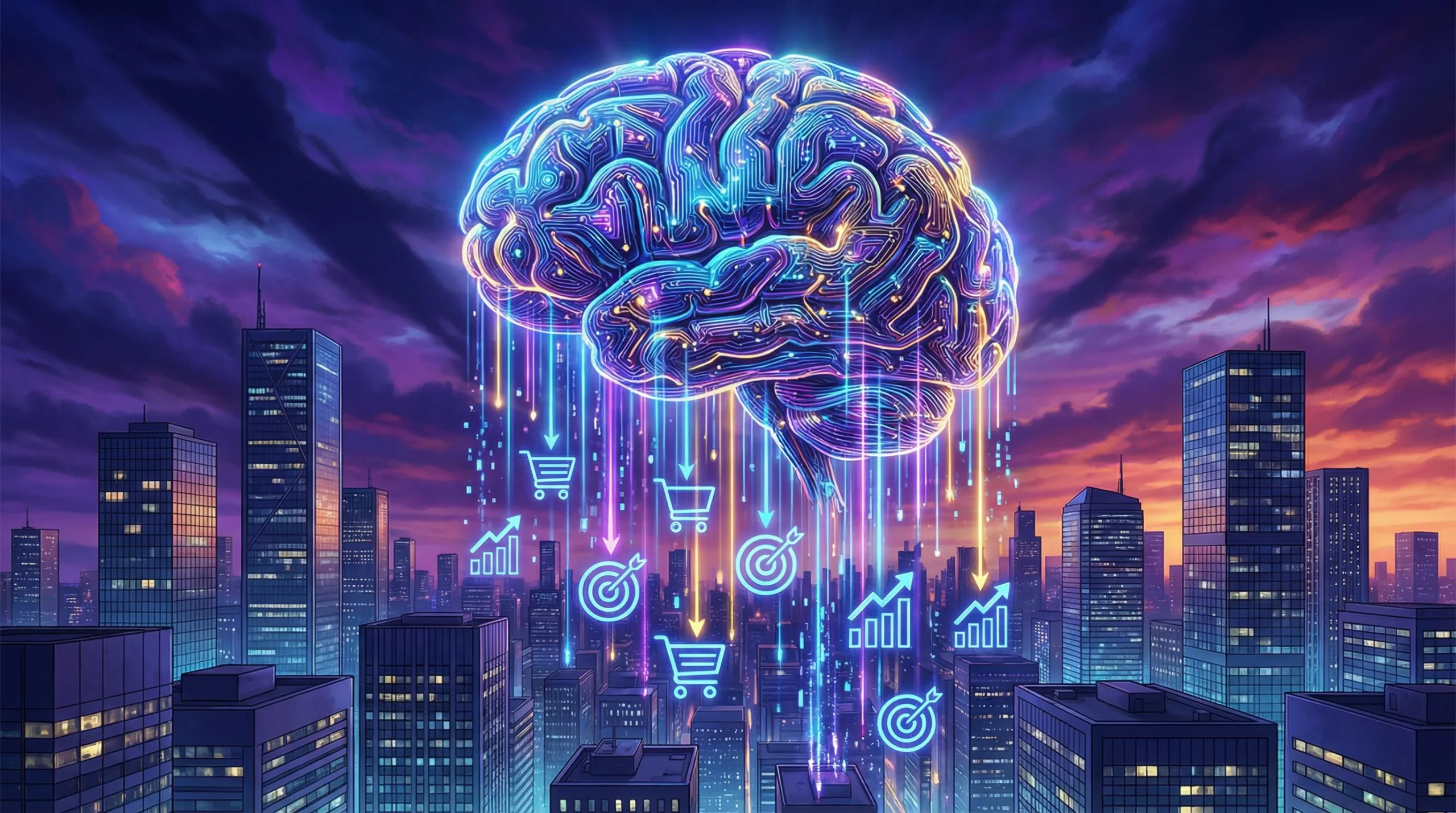 Cerebro digital de IA sobre ciudad - Impacto de la inteligencia artificial en marketing