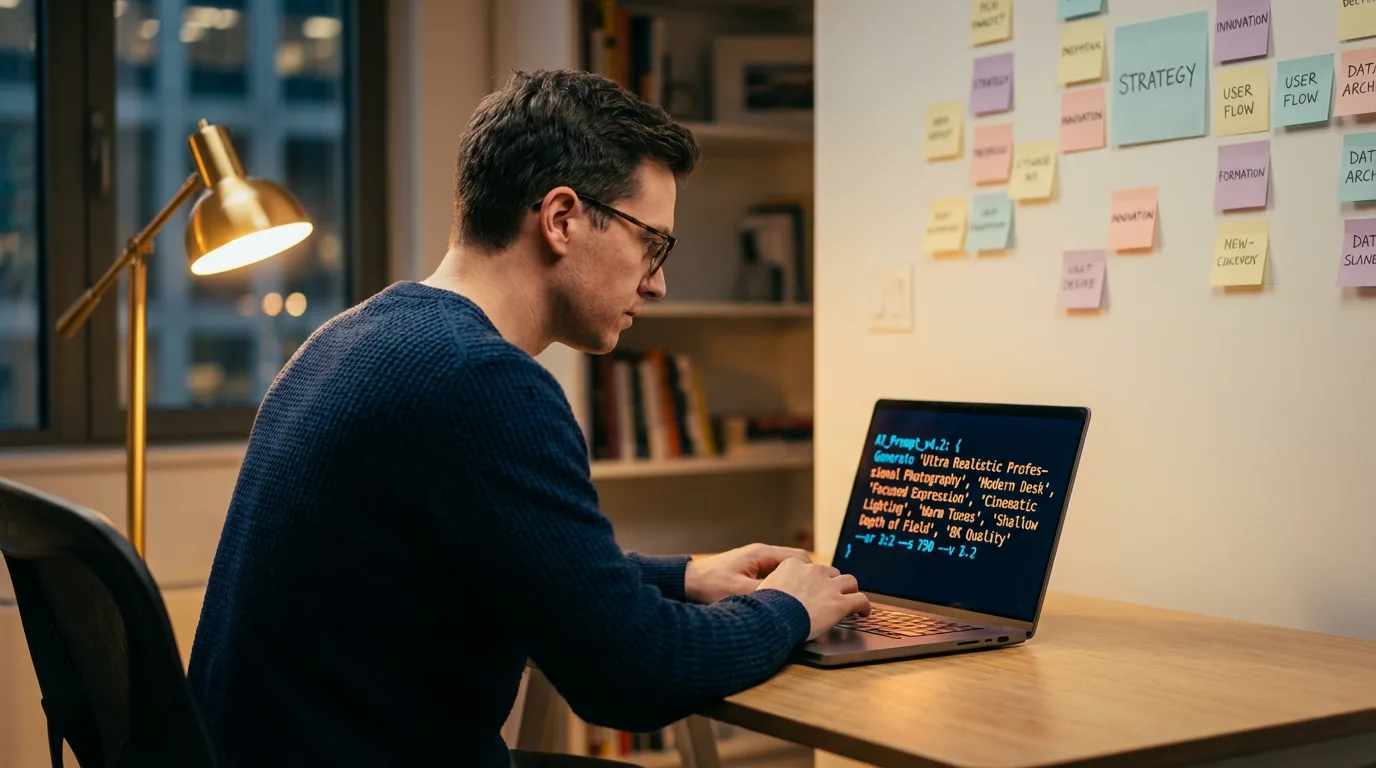 Profesional trabajando en prompts estratégicos para inteligencia artificial