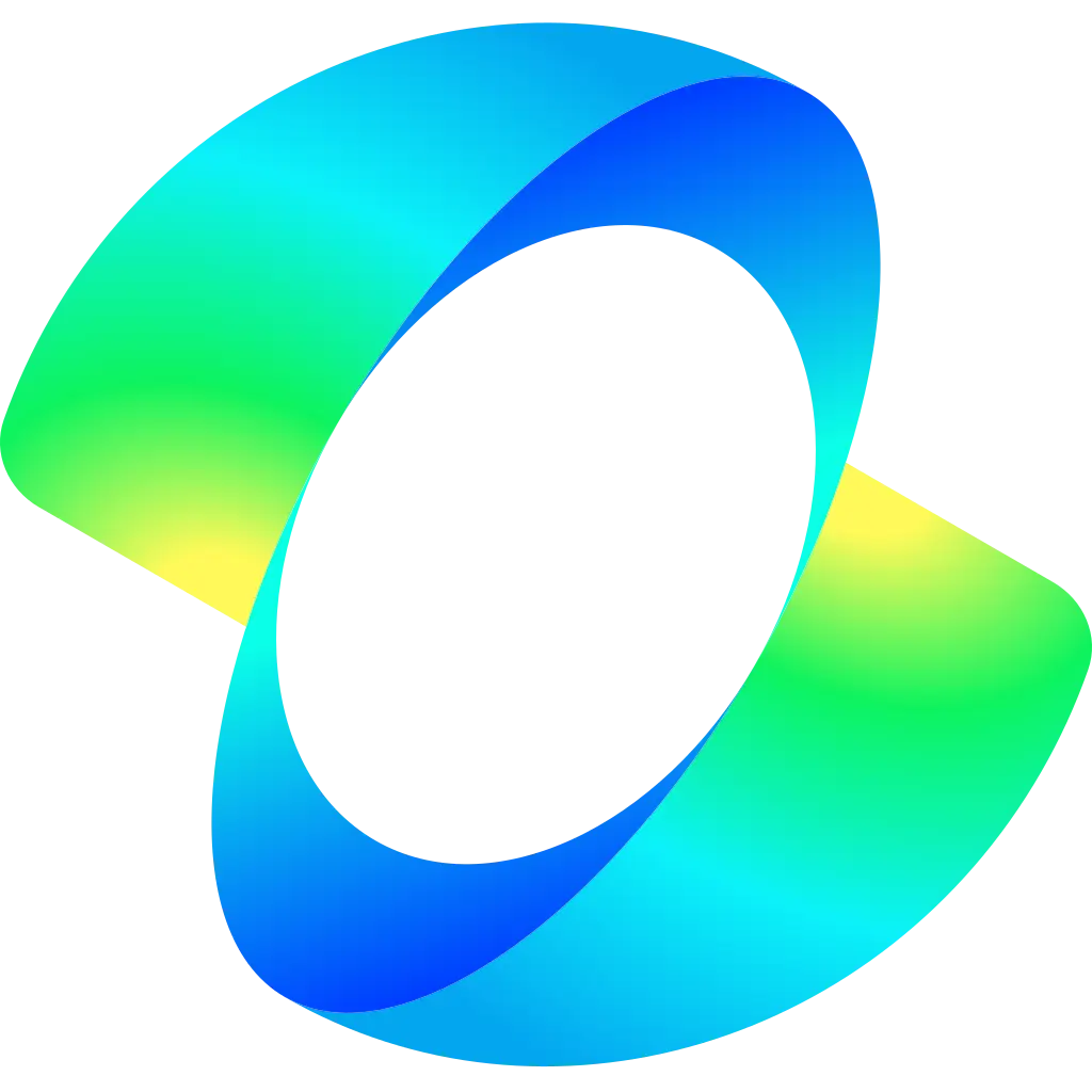 Logo abstracto en tonos azules y verdes que representa servicios digitales innovadores y tecnológicos.