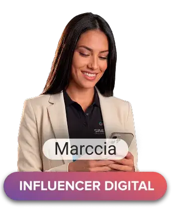 Mujer sonriente revisando su teléfono, representando a una influencer digital en un contexto de videos de inteligencia artificial.
