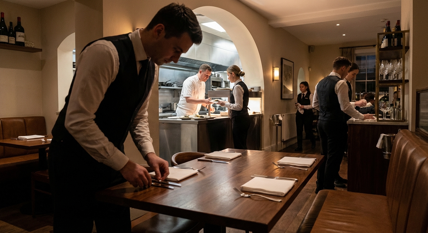 Equipo de restaurante coordinando un servicio de alta calidad en sala