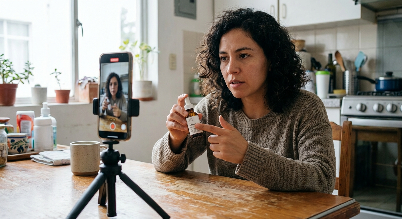 Creador UGC genuino grabando una reseña de producto para una marca