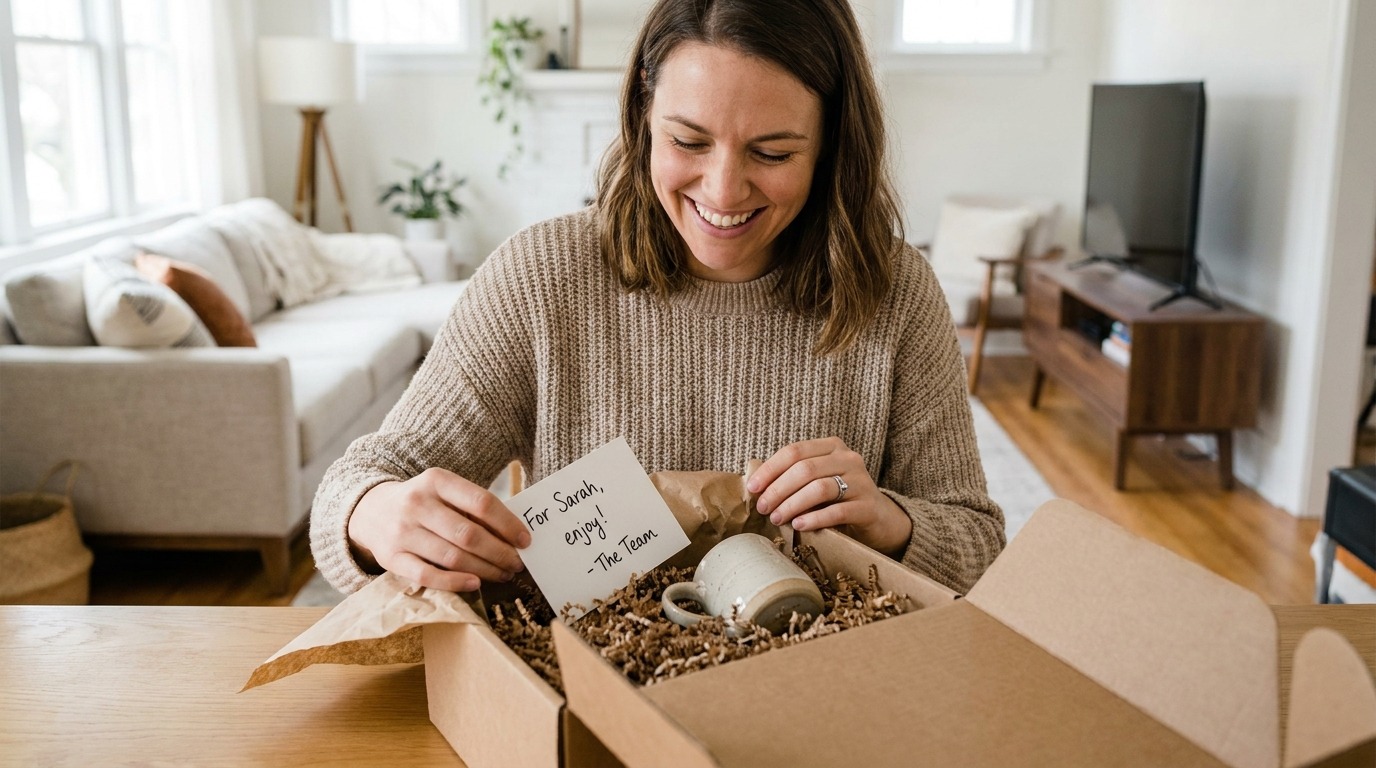 Unboxing de una experiencia de marca personalizada con nota, empaque sostenible y soporte inmediato