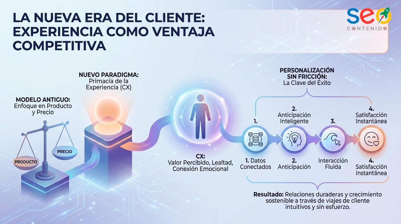 Infografía sobre personalización, rapidez, autenticidad, participación y sostenibilidad en la experiencia del cliente