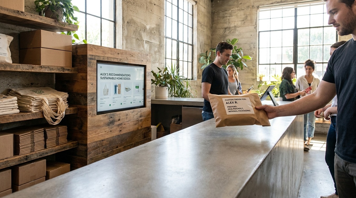 Experiencia personalizada de cliente en un punto de entrega moderno con recomendaciones y empaque sostenible