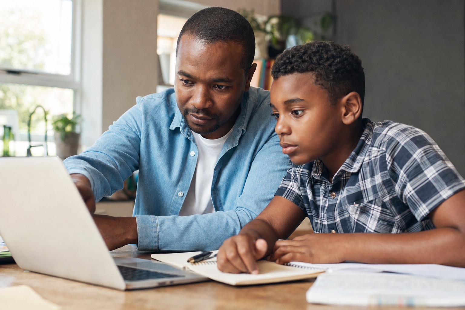 Madre e hijo revisando juntos una actividad educativa con inteligencia artificial en una mesa de estudio