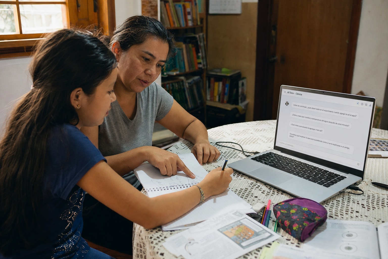 Niño aprendiendo con inteligencia artificial junto a un adulto que guía el proceso