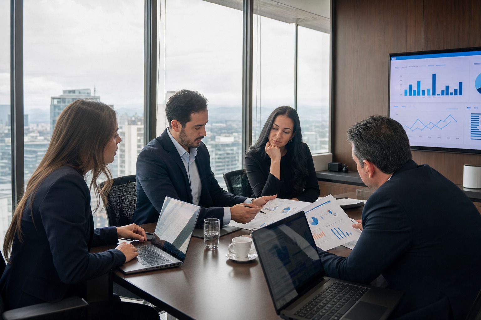 Equipo directivo revisando procesos e implementación de inteligencia artificial en una empresa