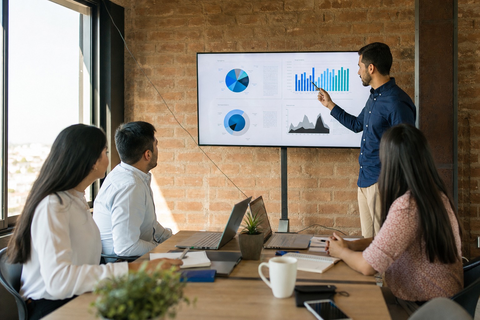 Equipo de emprendedores analizando datos para tomar decisiones en un entorno cambiante