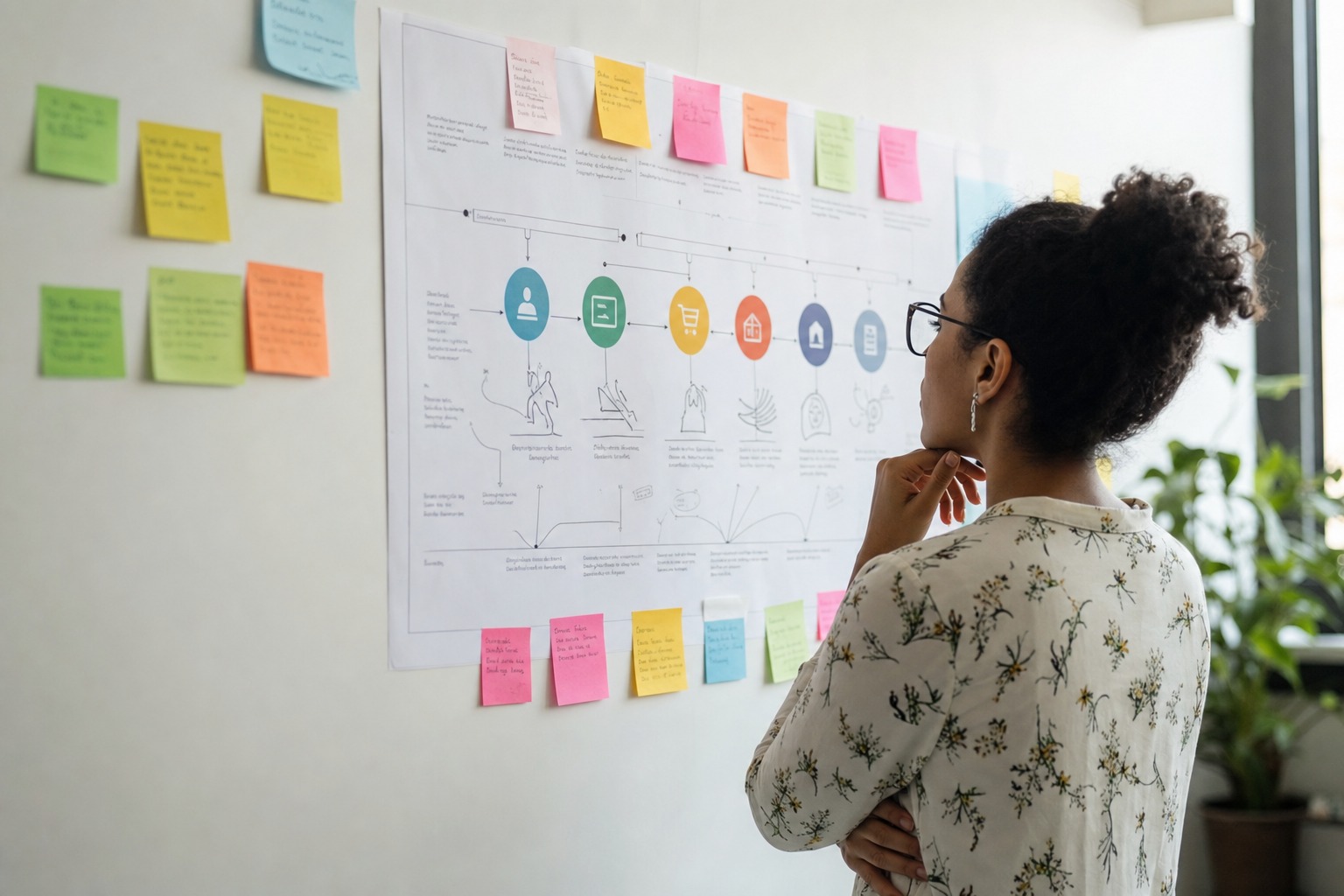 Equipo de marketing y ventas revisando un flujo de retención de clientes en una reunión