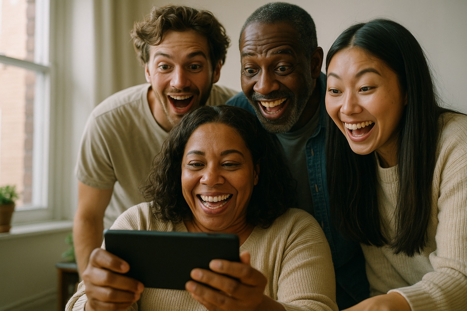 Escena realista de una familia viendo un video corto en un teléfono y comentándolo