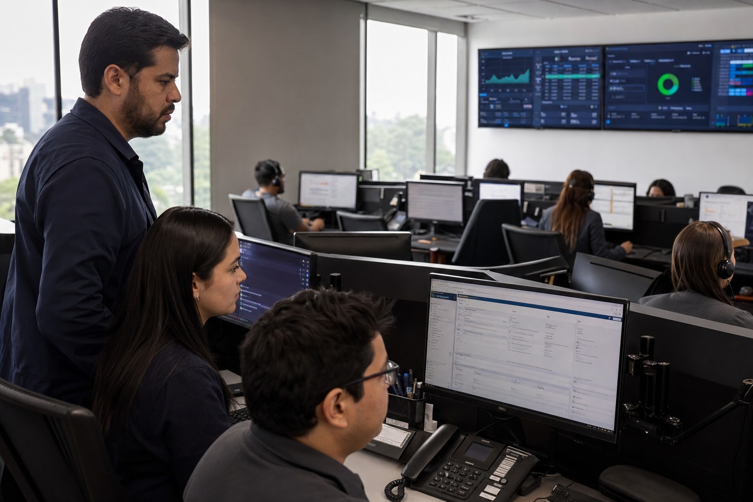 Equipo de soporte supervisando un call center con IA en una oficina moderna