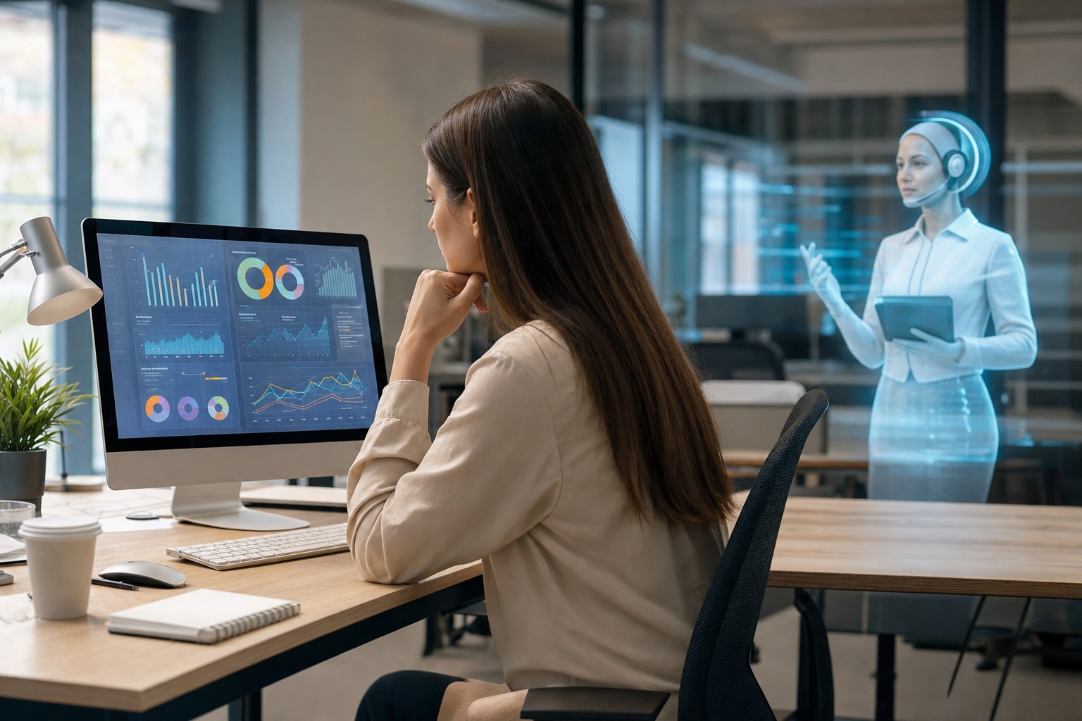 Responsable de operaciones revisando indicadores de servicio junto a un asistente virtual empresarial en una pantalla de analitica