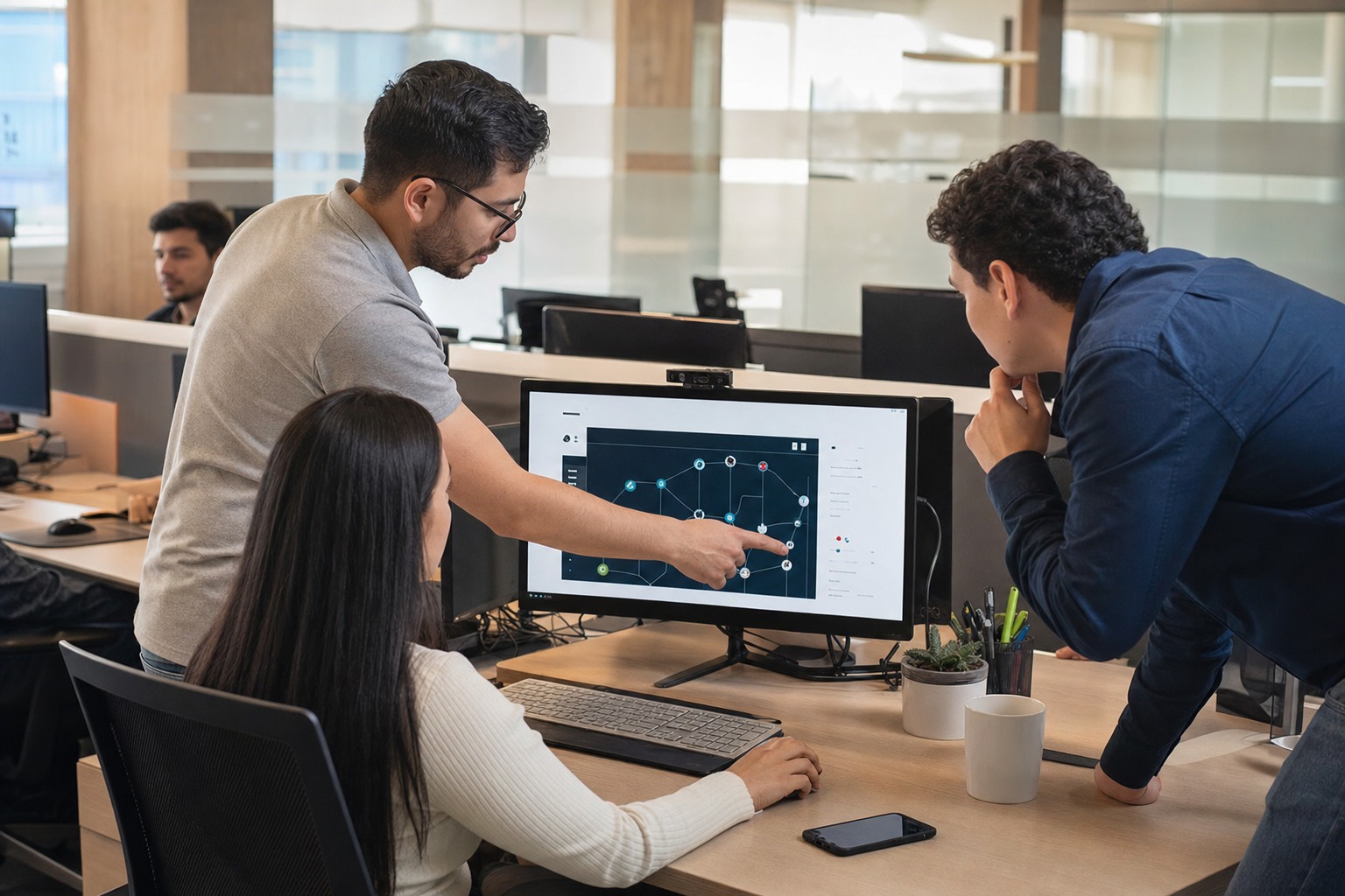Equipo empresarial usando chatbots y asistentes virtuales para mejorar operaciones