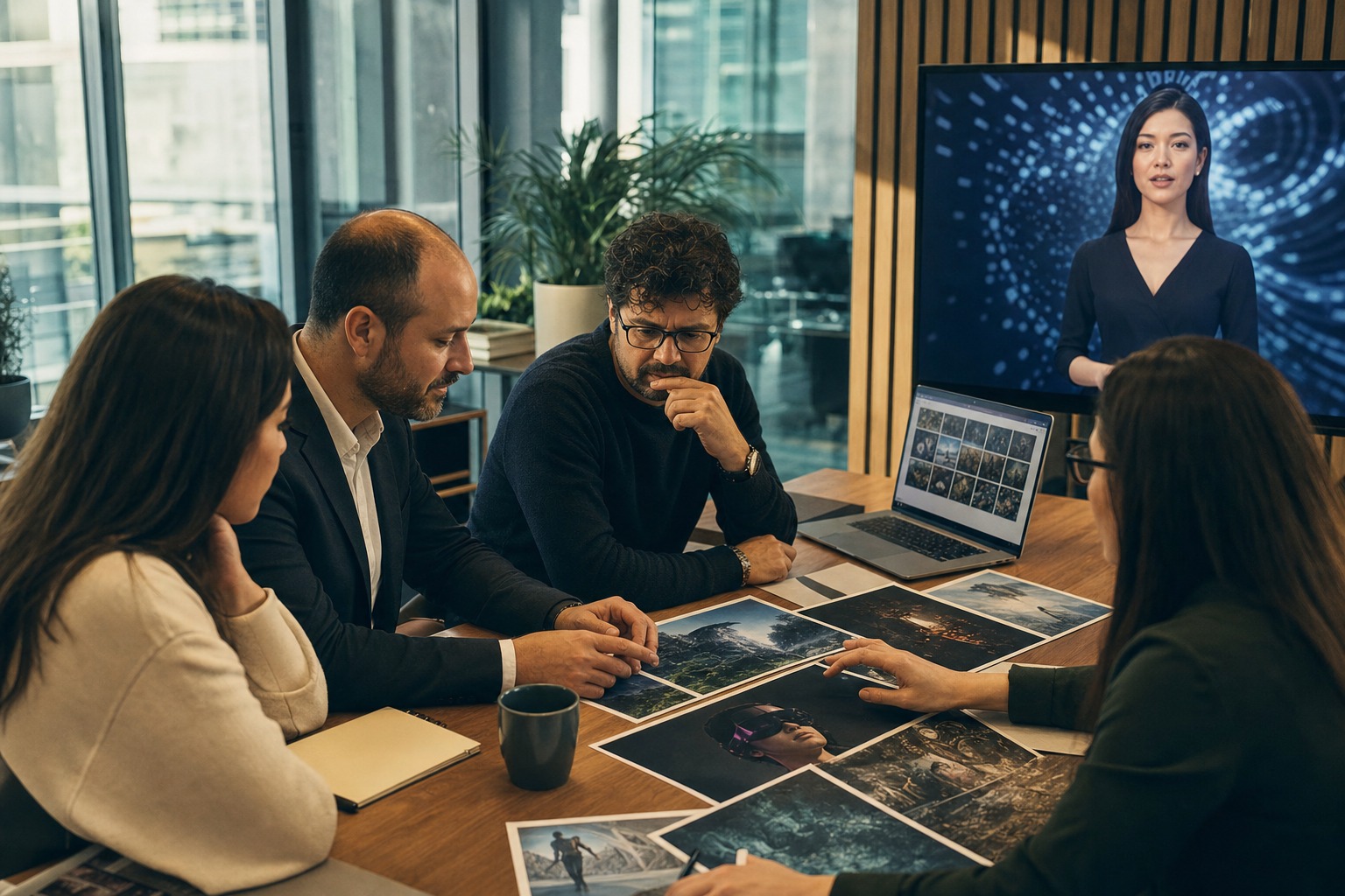 Equipo ejecutivo revisando flujos de trabajo con inteligencia artificial en una sala de reuniones