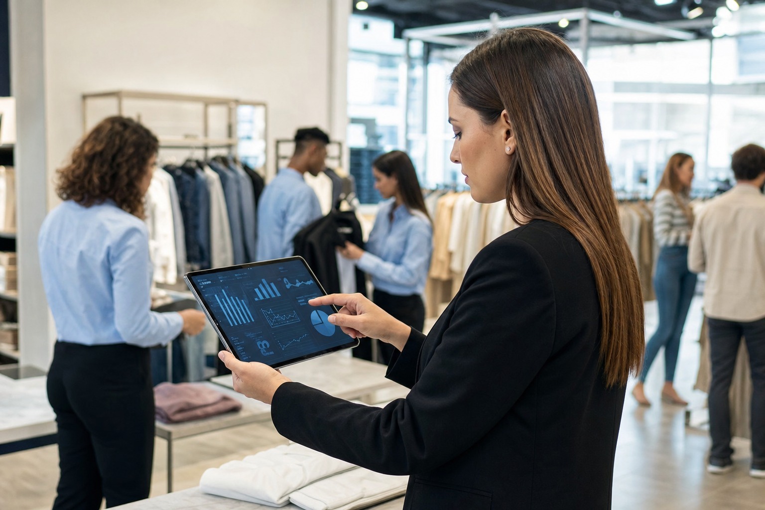 Gerente de tienda revisando analitica y comportamiento del cliente en tiempo real