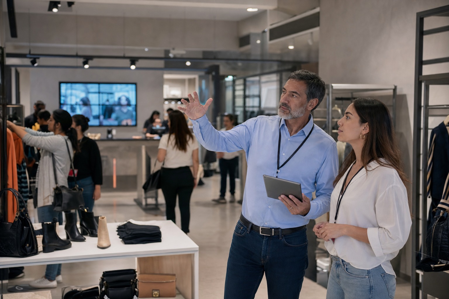 Equipo de tienda analizando comportamiento del cliente en un comercio fisico