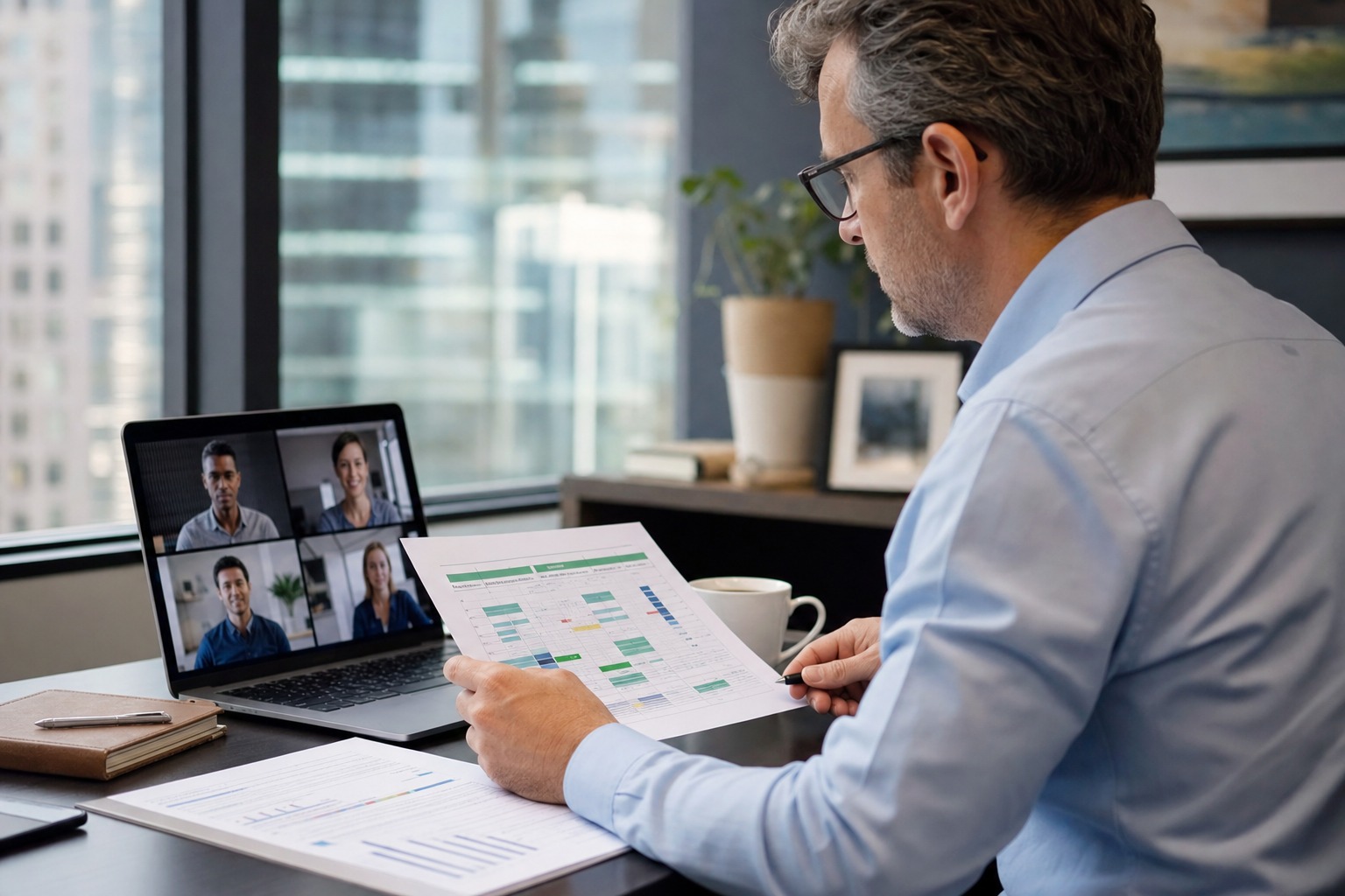 Equipo distribuido coordinando trabajo híbrido con reglas claras y liderazgo visible