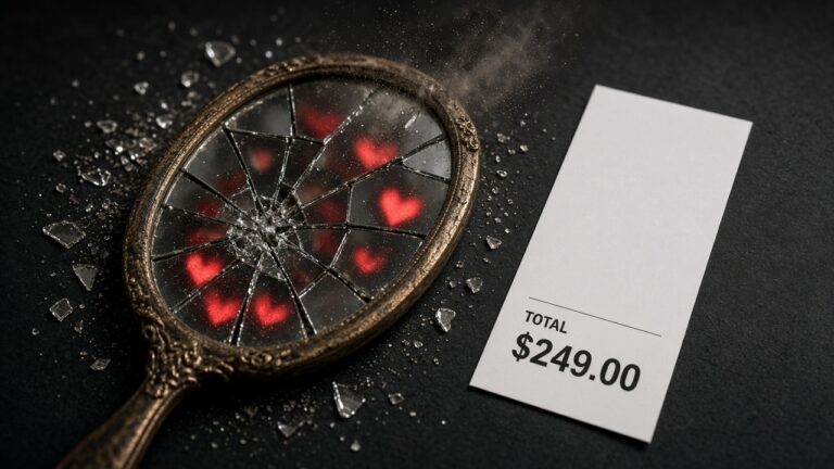 Espejo antiguo roto con corazones de likes disolviéndose en polvo, junto a un recibo minimalista que muestra solo el total de venta.
