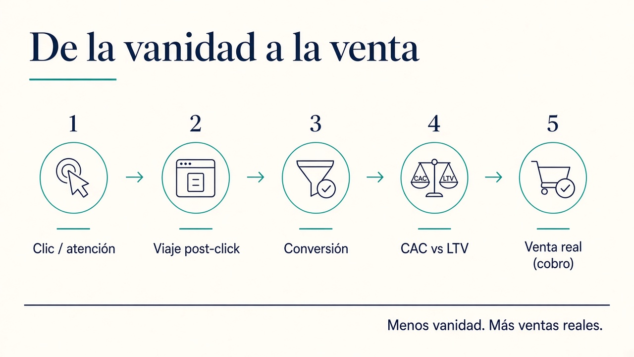 Infografía De la vanidad a la venta con cinco pasos: clic o atención, viaje post-click, conversión, CAC vs LTV y venta real cobro.