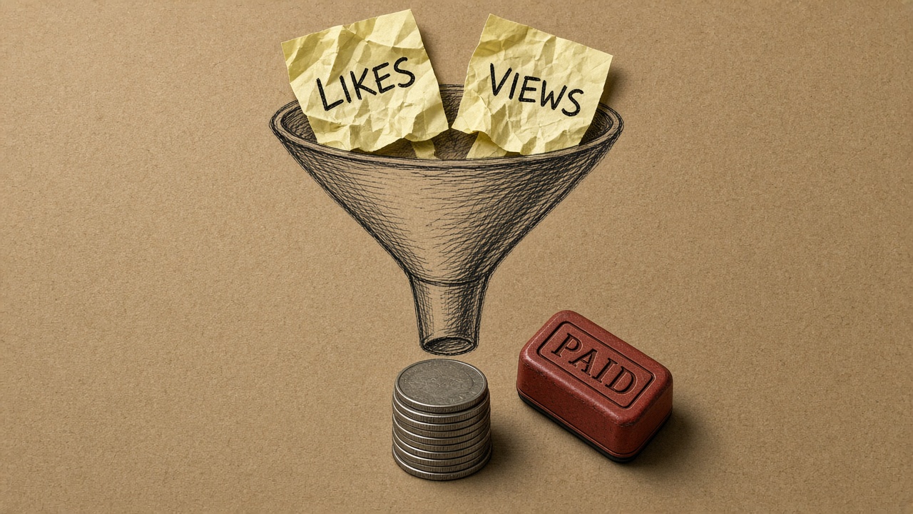 Vista cenital de un embudo en papel kraft que filtra notas de likes y views hacia monedas y un sello de pagado.