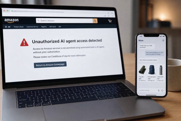 Imagen editorial realista sobre el bloqueo de Amazon al agente de compras Muse de Meta