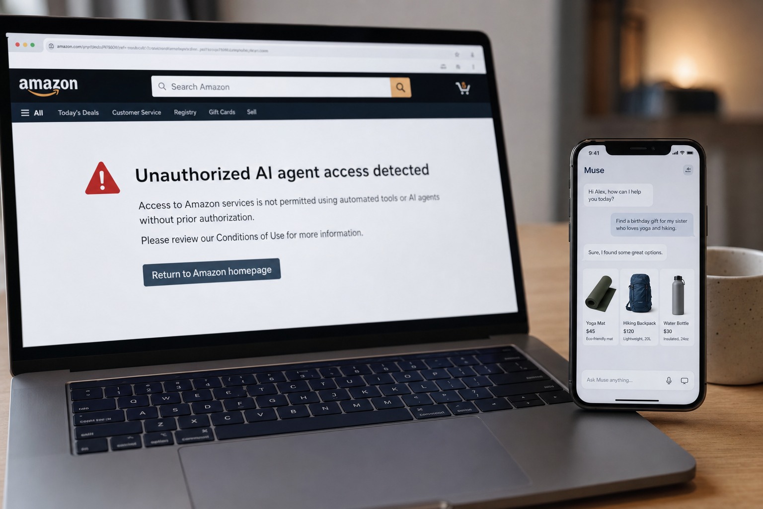 Imagen editorial realista sobre el bloqueo de Amazon al agente de compras Muse de Meta