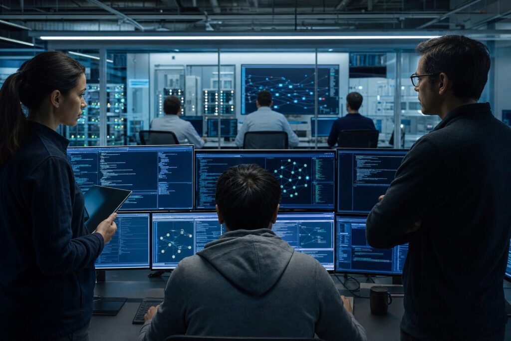 Fotografia editorial realista de una prueba de ciberseguridad de IA con Gemini bajo supervision humana
