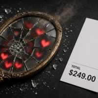 Espejo antiguo roto con corazones de likes disolviéndose en polvo, junto a un recibo minimalista que muestra solo el total de venta.