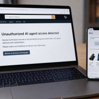 Imagen editorial realista sobre el bloqueo de Amazon al agente de compras Muse de Meta